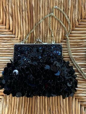 Vintage Black Sequin Evening Shoulder Bag with Gold Chain